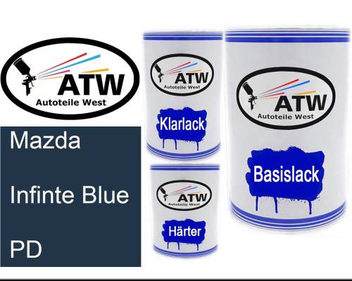 Mazda, Infinte Blue, PD: 500ml Lackdose + 500ml Klarlack + 250ml Härter - Set, von ATW Autoteile West.